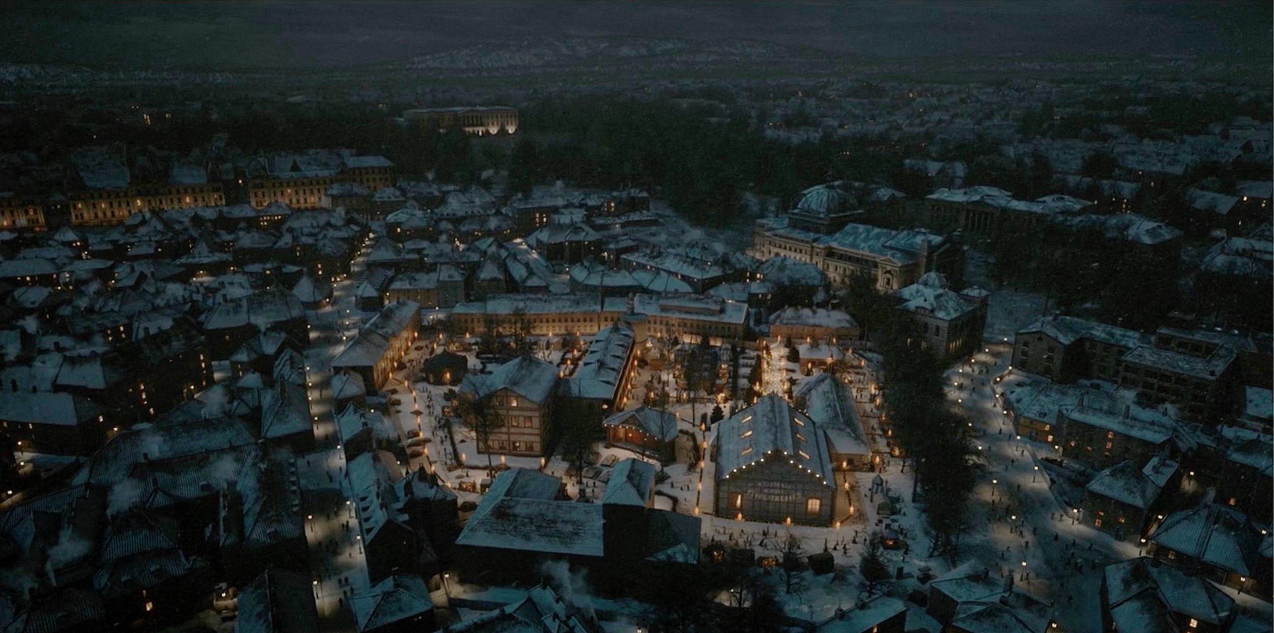 Color-corrected night-time render of the snowy city created with Nordisk Film’s procedural city generator